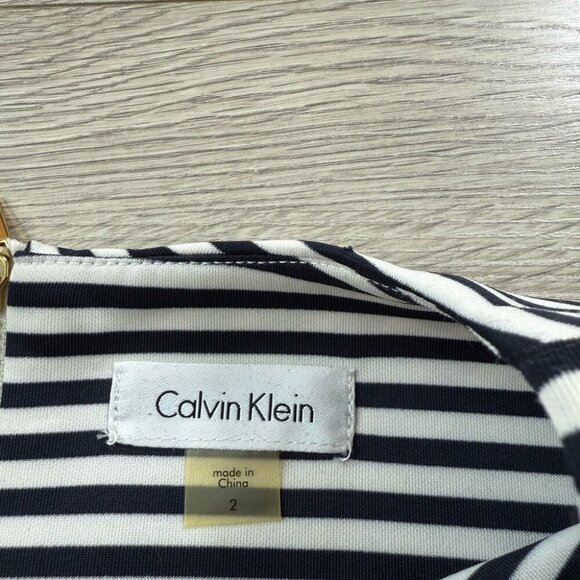 Calvin Klein Striped Navy and White Sleeveless Midi Career Office Dress - Picture 5 of 11